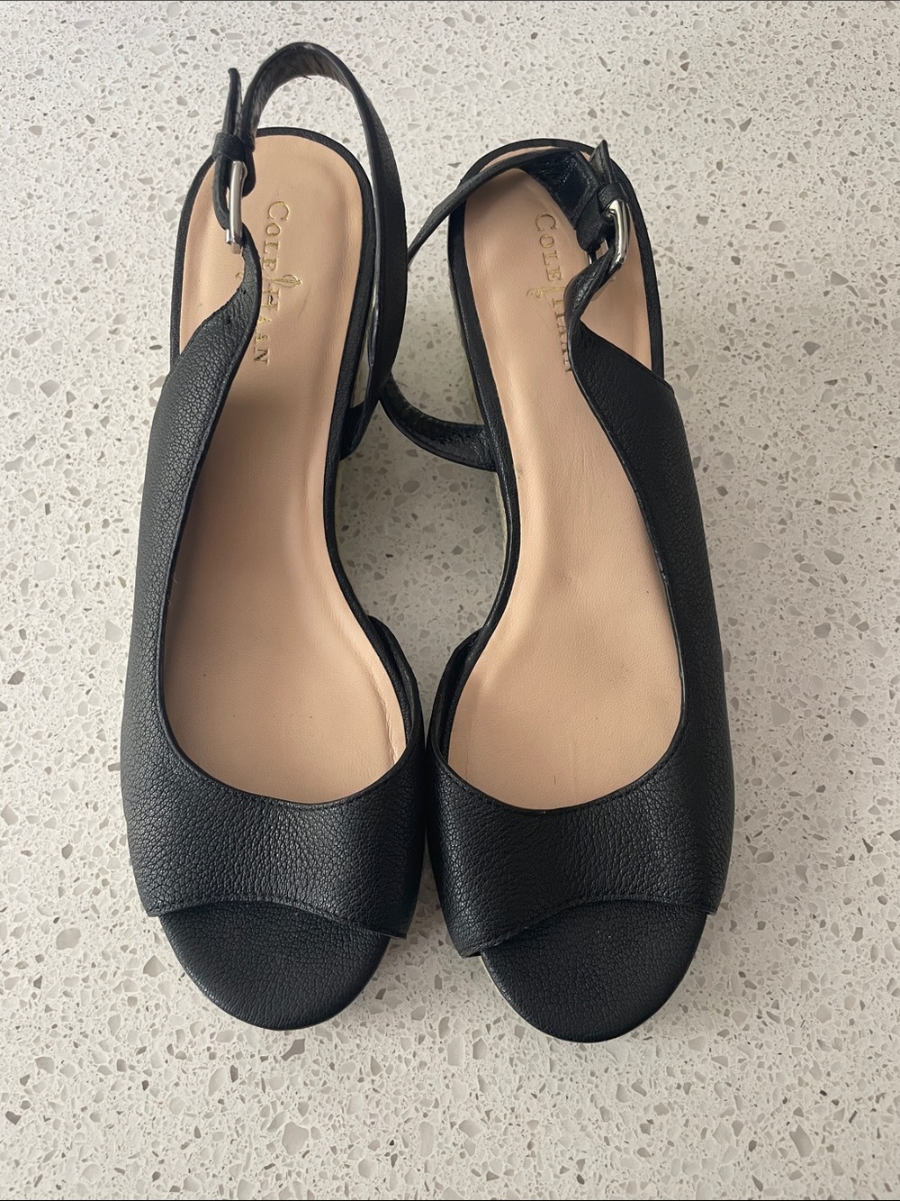 Cole Haan Black Leather Slingback Peep-Toe wedges
